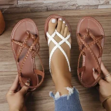 Women's Solid Color Casual Sandals, Lightweight Flat Braided Elastic Shoes, Summer Holiday Beach Shoes 6