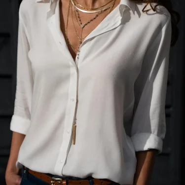 Oversized S-8XL Loose Chiffon Blouse Shirts Summer Women Turn Down Collar Long Sleeve Solid Color OL Button Blouse Tops ARJ-196Y 2