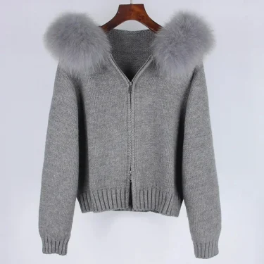 Fashion Autumn Winter Casual Hooded Real Fox Fur Collar Fashion Short Knitted Jacket with Natural Fur Coat for Women 3