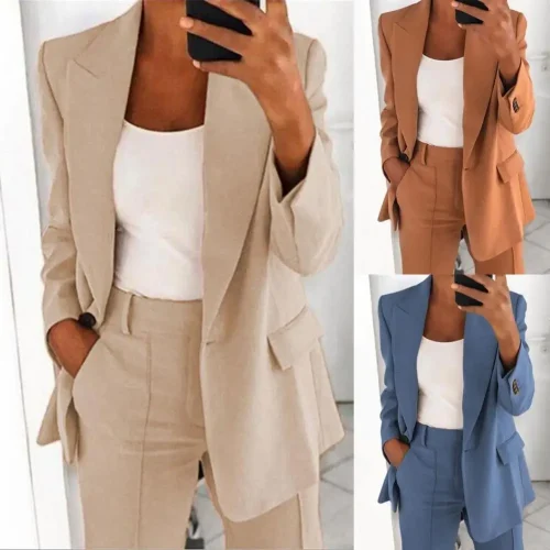 Elegant Jacket Women Suit Jacket Solid Color Turndown Collar Long Sleeve Buttons Blazer Outerwear 1