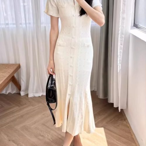 White Hollow Knitted Dress Women Summer Temperament Short Sleeve Elegant Slim Bodycon Party Dress