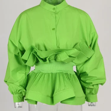 XFPV Women Puff Sleeve Pleated Ruffle Solid Casual Blouse Patchwork Y2k Top Slim Waist Shirt Sweet Summer Spring 2025 SM2983 1