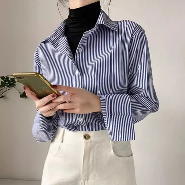Classic Striped Woman Spring Autumn Blouses Shirt Lady Long Lantern Sleeve Stand Collar Loose Blusas Tops 3