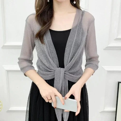 Women's Sheer Glitter Lace-up Cardigan Half Sleeve Summer Lightweight Jacket See-through Loose Blouse Women 1