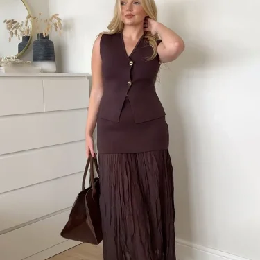 Women 2 Piece Set V-Neck Sleeveless Button Knitted Vest Top+Elegant Splicing High Waist Zipper Long Skirts Holiday Suits 4