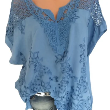 Large Size Loose Short-Sleeved Lace Women Blouses Cotton Blouses Summer V-neck White Shirt Tops Sexy Fashion Women Shirt 2