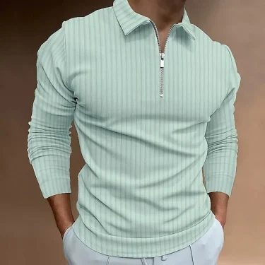 Fashion Solid Color Vertical Print Men's Long Sleeve Zipper Polo Shirt Autumn Man's Classic Casual Business Oversized Polo Shirt 2