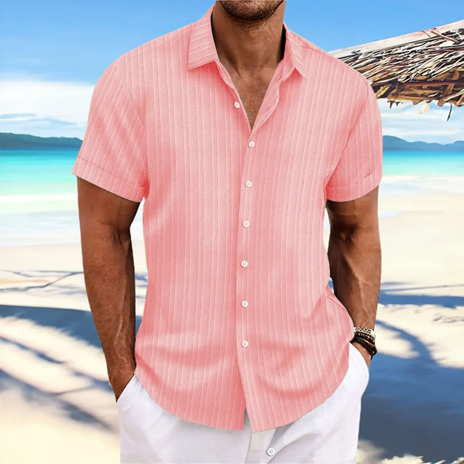 Men's striped jacquard lapel casual fashion comfortable loose short sleeve Hawaiian multicolor shirt 6