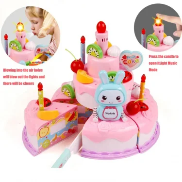 Kids Toy Simulation DIY Birthday Cake Model Kitchen Pretend Play Cutting Cake Toy with Light and Music Blowing Candles Girl Gift 3