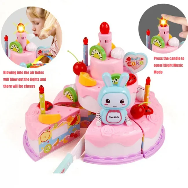 Kids Toy Simulation DIY Birthday Cake Model Kitchen Pretend Play Cutting Cake Toy with Light and Music Blowing Candles Girl Gift 3