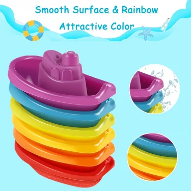 Baby Bath Toys, Stacking Boat & Spoons Toys, Early Education Intelligence Gift, Rainbow Color Stacked Cup Folding Tower Baby Toy 4