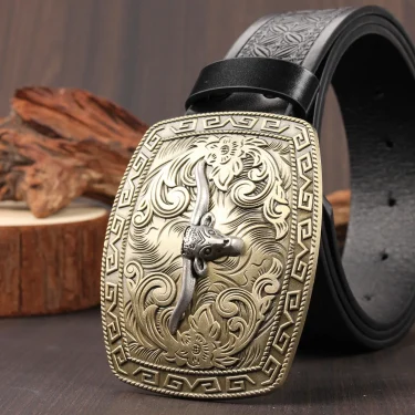 Western Cowboy Belt, Bull Head Big Board Buckle, Retro Youth, Men's and Women's Punk Leather Street Belt 2