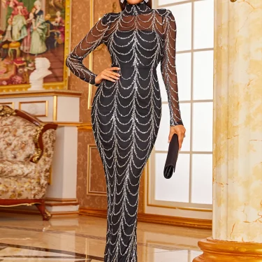 Missord Wave Sequin Party Dresses Elegant Women High Neck Long Sleeves See Though Bodycon Evening Prom Dress With Line Long Gown 3