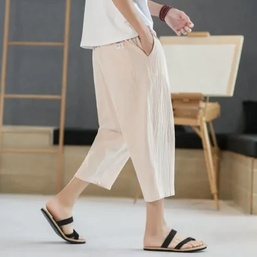 Summer Fashion New Men Cotton Hemp Calf-Length Pants Korean Male Clothing Solid Elastic Waist Loose Streetwear Straight Trousers 2