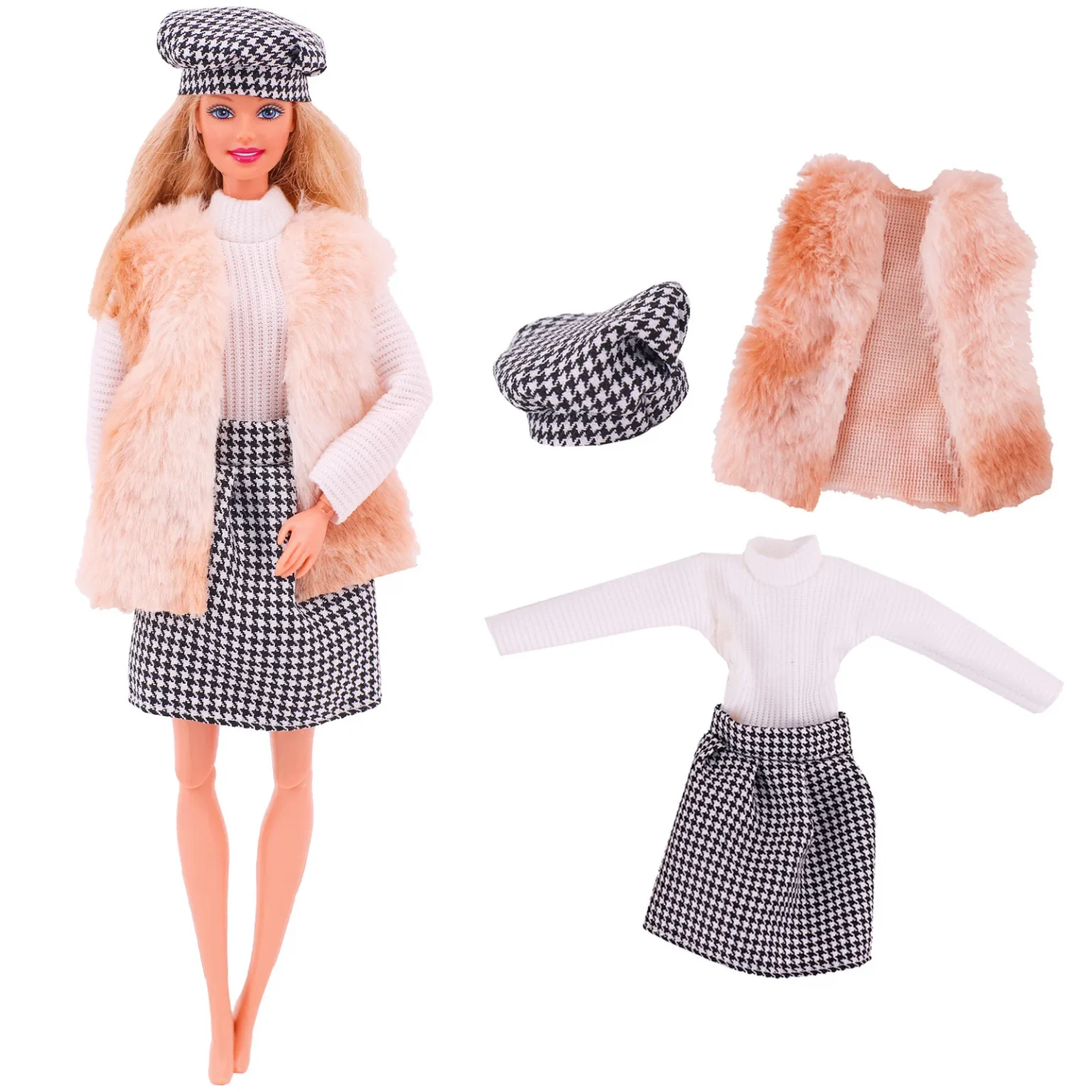 4 Pcs/Set Fur Vest Coat + Dress/Casual Outfit for Barbies 11.8 inch Doll Clothes Accessories Plush Jacket Celebrity,Child's Gift 2