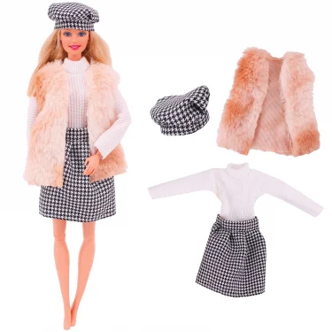 4 Pcs/Set Fur Vest Coat + Dress/Casual Outfit for Barbies 11.8 inch Doll Clothes Accessories Plush Jacket Celebrity,Child's Gift 2