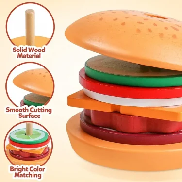Montessori Wooden Burger Stacking Toys For Toddler Kids Preschool Learning Educational Toys Fine Motor Skill Kitchen Toys Gift 4