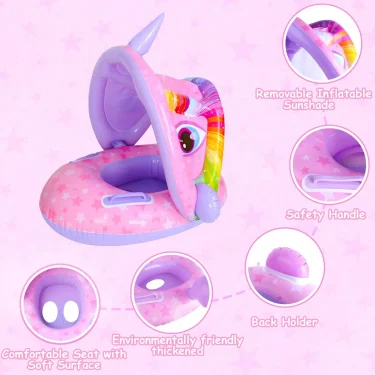 Baby Unicorn Swimming Float Ring Inflatable Infant Floating Removable Canopy Protection Sun Shelter Infant Summer Fun Pool Play 3