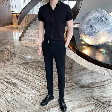 Black Man Tops Plain Shirts And Blouses For Men Short Sleeve Clothing With Collar Luxury Social Aesthetic Designer Original Cool 3