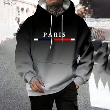 Hooded Sweatshirt Man Fashion Gradient Paris Print Polyester Casual Top Pullover with Slight Stretch Fall Winter Clothes for Men 3