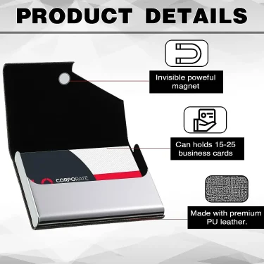 Business Card Holder PU Leather Name Card Holder Card Case Stainless Steel Credit Cards Pocket with Magnetic Shut for Men Women 5
