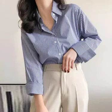 Classic Striped Woman Spring Autumn Blouses Shirt Lady Long Lantern Sleeve Stand Collar Loose Blusas Tops 4