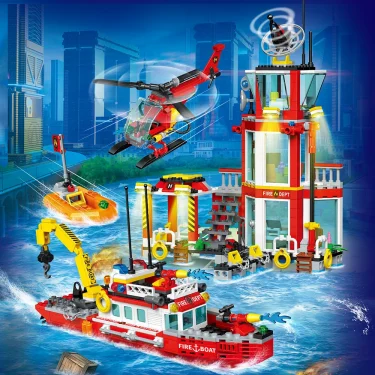 City Oceans Fire Station Blocks Compatible with leg0 Fire Station Set with Fire Station,Fire Helicopter,Fire Ship,Rescue Boat 2