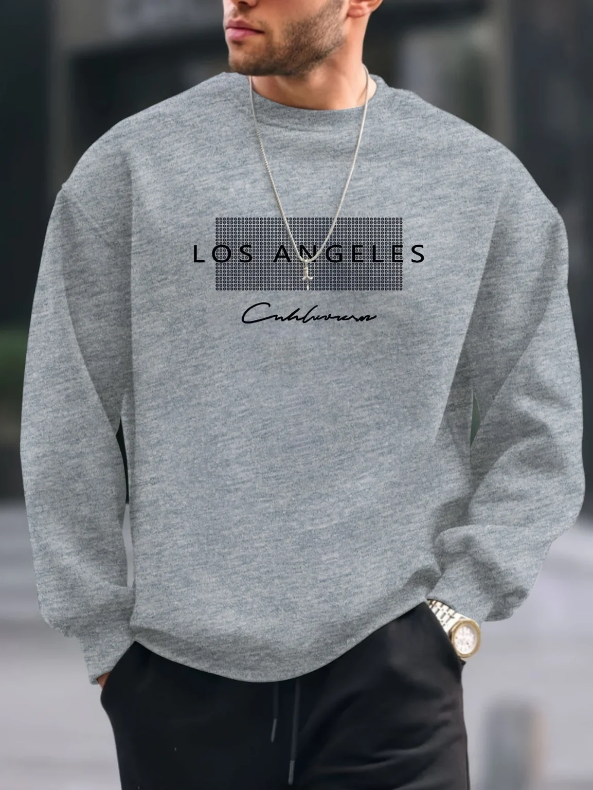 Men's autumn and winter fashionable casual loose Los Angeles letter printed fleece pullover round neck long sleeved sweatshirt 4