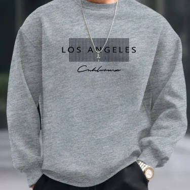 Men's autumn and winter fashionable casual loose Los Angeles letter printed fleece pullover round neck long sleeved sweatshirt 4