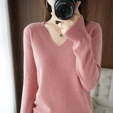 Autumn And Winter Cashmere Sweater New Women's V-neck Pullover Lace Neck Hollow Out Design Casual Knitted Long Sleeve Women's 2