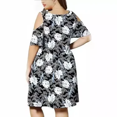New plus size women's round neck off-shoulder print large-size T-shirt dress woman 4