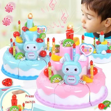 Kids Toy Simulation DIY Birthday Cake Model Kitchen Pretend Play Cutting Cake Toy with Light and Music Blowing Candles Girl Gift