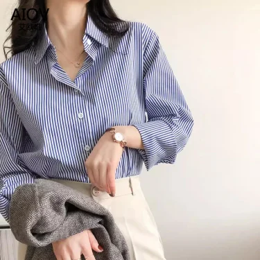 Classic Striped Woman Spring Autumn Blouses Shirt Lady Long Lantern Sleeve Stand Collar Loose Blusas Tops 2