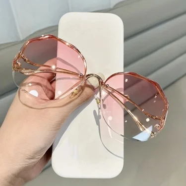 Rimless Sunglasses Polygon Fashion Popular Women Men Shades Big Frame Round Sun Glasses for Female Oculos Gradient Sunglasses 4