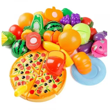 Cutting Play Food Toys Kitchen Pretend Fruit and Vegetables Accessories with Shopping Storage Basket Educational Toy for Toddler 5