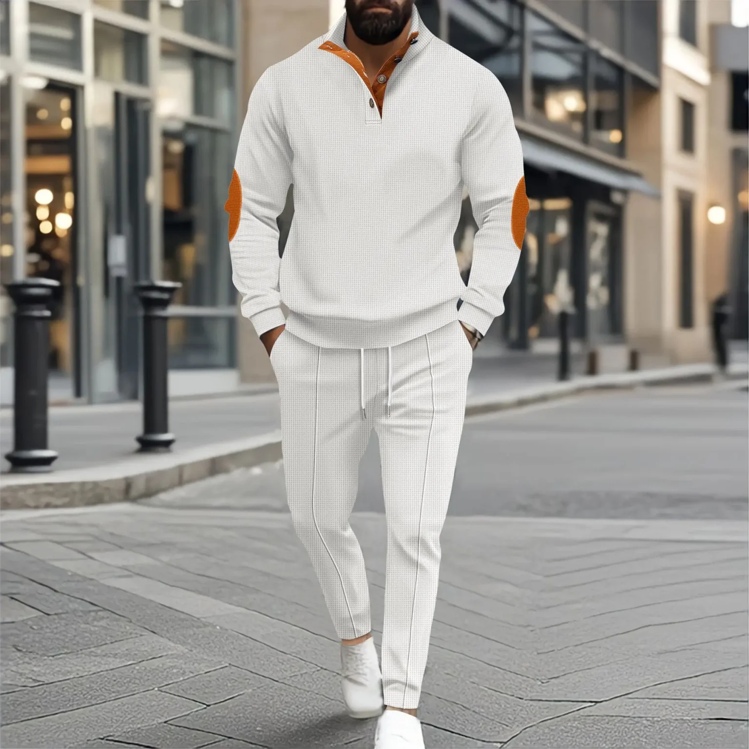 Autumn and winter new men's fashion outdoor sports half zipper Waffle casual stand collar long sleeve hoodie + trousers men's su 4