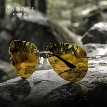 CAPONI Photochromic Brown Yellow Sunglasses Titanium Alloy Rimless Sun Glasses Pilot Night Vision Ultra-Light Eyewear BSYS22003 1