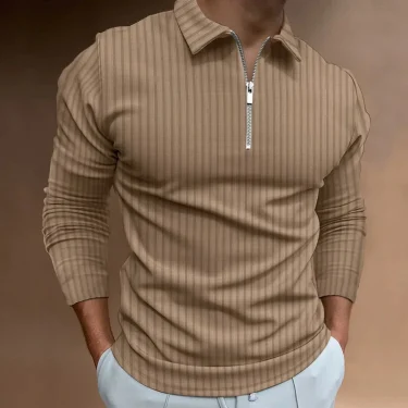 Fashion Solid Color Vertical Print Men's Long Sleeve Zipper Polo Shirt Autumn Man's Classic Casual Business Oversized Polo Shirt 5