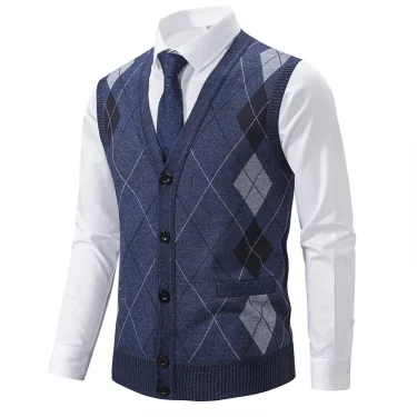 Spring Autumn Male Vest Sleeveless Sweater Fleece Warm Knitted Jackets Checkered Business Casual Button Up Coat Men's Clothing 1