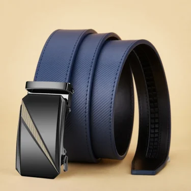 OYIFAN Men's Belt Blue Striped Belt Fashion Jeans Belt Genuine Leather Belt Automatic Buckle Belts 4