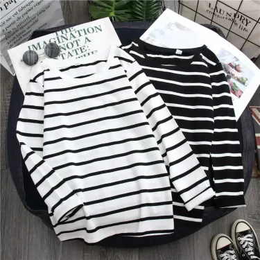 Women Loose Round Collar Autumn Stripes Print Loose Long Sleeve Casual Simple Wild T-Shirt 2