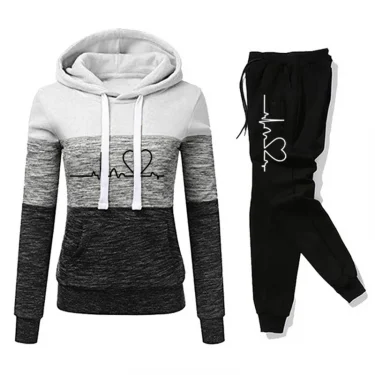 Women Tracksuit Printing Hooded Sweatshirt Sweatpant Color Block Versatile Casual Jogging Pullovers Sport Trousers Outfits S-3XL 5