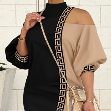 Women Bare Shoulder Lantern Dress Femme Print Patchwork O-Neck Casual Party Festival Lady Pencil Dress 2
