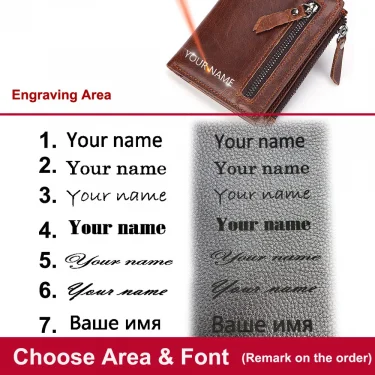 Leather Men Wallets Free Name Engraving 100% Genuine Cow Leather Short Card Holder Men Purse Double Zipper Male Wallet 3