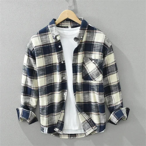 Autumn mens check shirt cotton long sleeve men's clothing fasion soft casual shirts for men loose plaid Young men tops 1