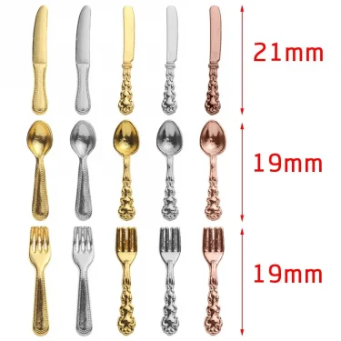 12PCS Miniature Metal Cookware Fork Knife Spoon Toys Dollhouse Furniture Gold Silver 1:12 Scale Simulation Mini Cutlery 5