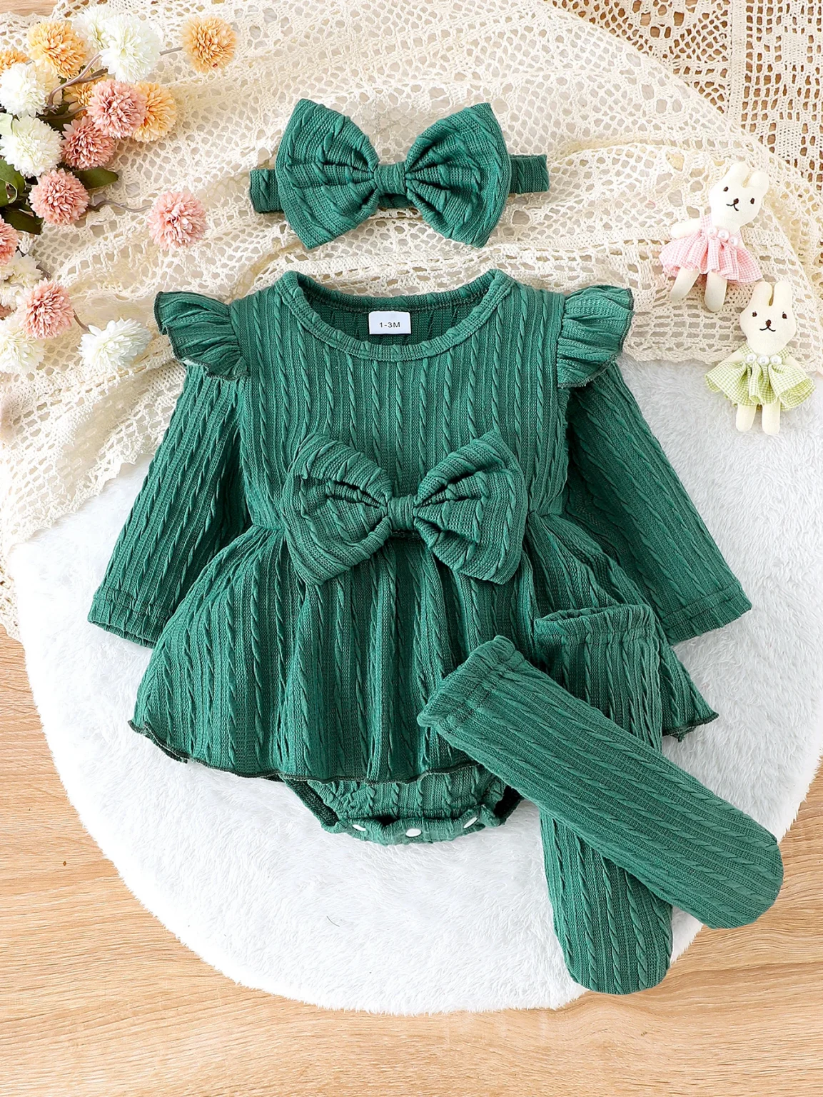 3PCS In Autumn, Newborn Girls Aged 0-1 Years Old Are Comfortable, Sweet And Cute Little Twist One-Piece Dress + Head Socks 3