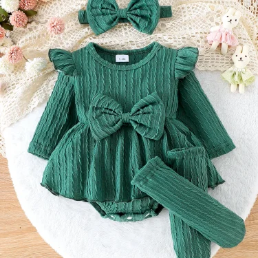 3PCS In Autumn, Newborn Girls Aged 0-1 Years Old Are Comfortable, Sweet And Cute Little Twist One-Piece Dress + Head Socks 3