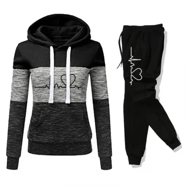 Women Tracksuit Printing Hooded Sweatshirt Sweatpant Color Block Versatile Casual Jogging Pullovers Sport Trousers Outfits S-3XL 4
