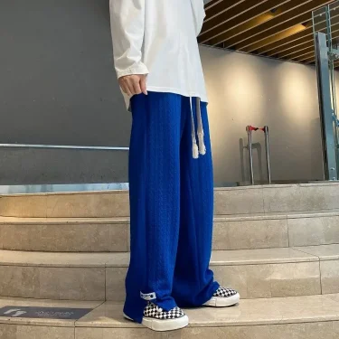 Men High Street Sweatpants Fashion Loose Casual Side Slit Straight-Leg Pants Vintage Blue Jacquard Casual Bottoms Male Clothes 5